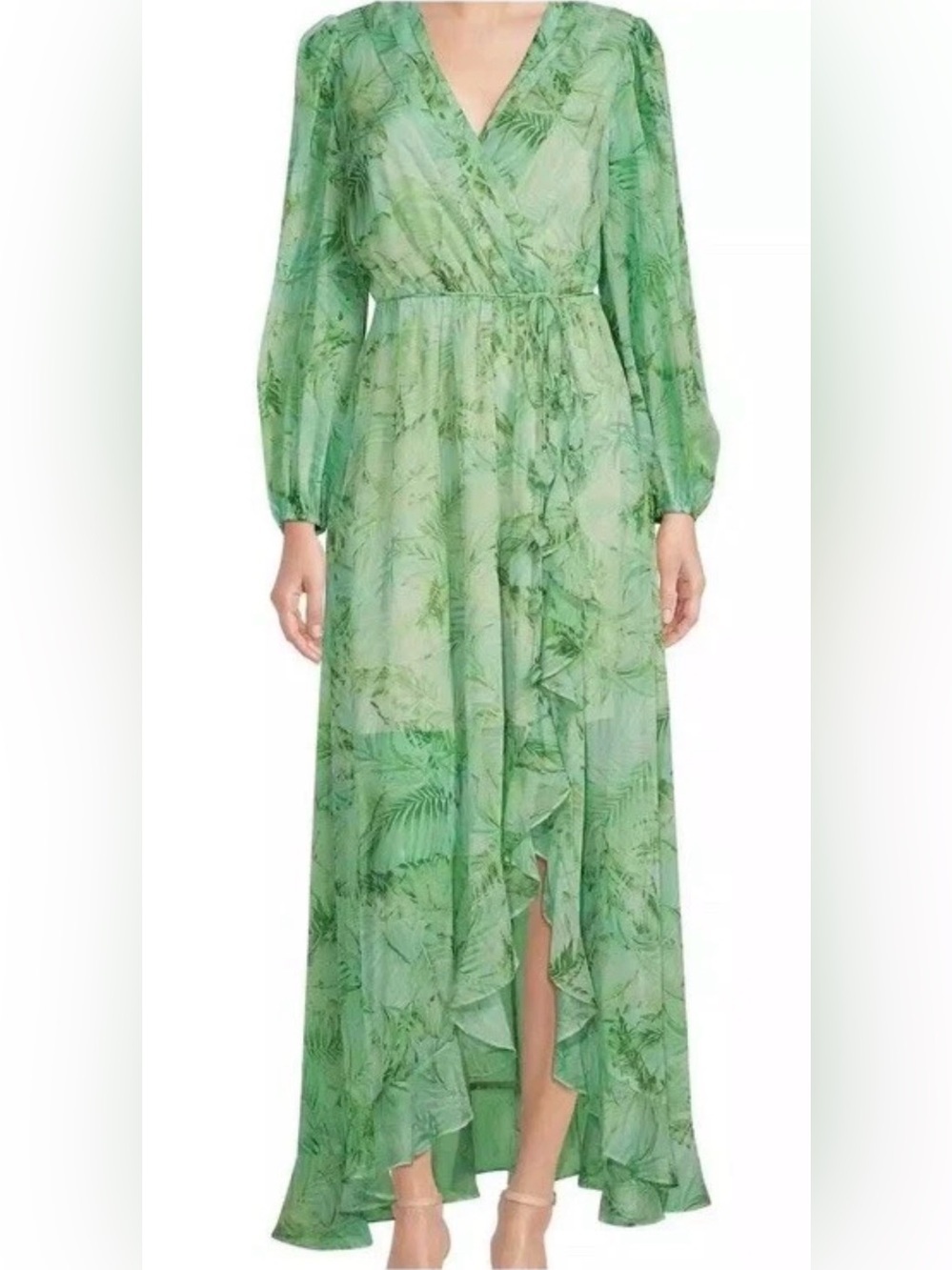 Alex Marie Hallie Green Tropical Palm Long Sleeve Chiffon High Low Dress, 14P